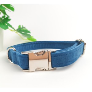 Handmade Soft Velvet Dog Collar | 3 Sizes | Colour: Petrol Blue | Finish: Silver